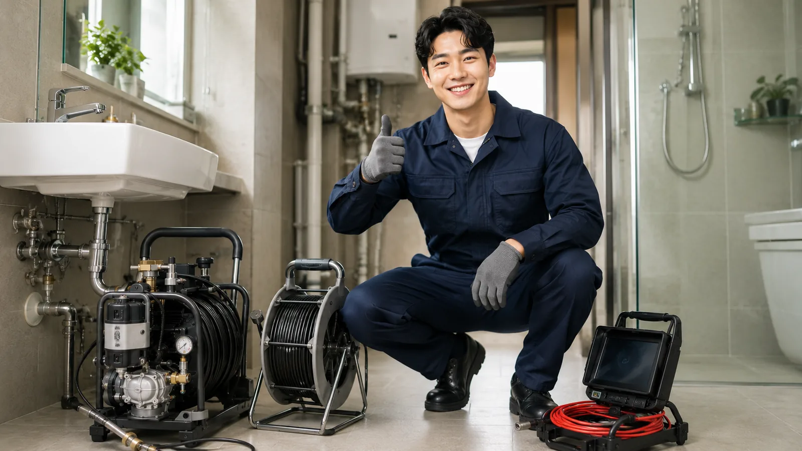 경기도 배관막힘 작업복 기술자와 고압세척·배관내시경 전문 장비